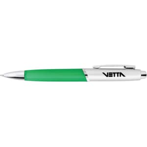 A metal pen with a green barrel and silver accents, featuring a logo on the side.