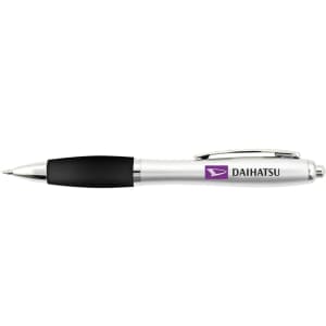 A silver pen with a black grip and a logo, featuring a sleek design and chrome accents.