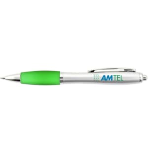 A plastic pen with a silver body and a green grip, featuring a logo on the barrel.