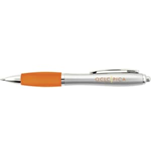 A silver pen with an orange grip and branding on the barrel, designed for writing purposes.