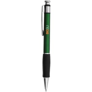A green plastic pen with a silver clip and grip, featuring a logo on the barrel.