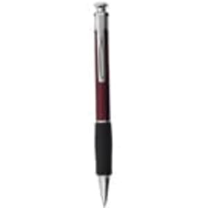 A burgundy plastic pen with a silver clip and a black rubber grip, featuring a logo on its body.