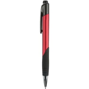 A red and black plastic pen with a clip and a smooth grip, featuring a branding logo.