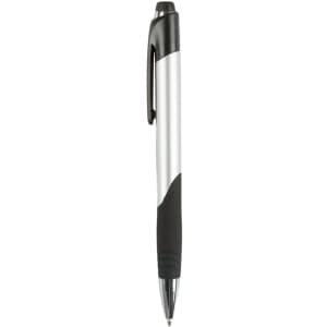 A plastic pen featuring a silver barrel, black accents, and a rubberised grip. It has a clip and a logo.