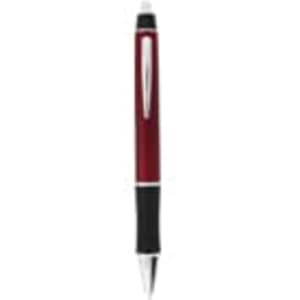 A plastic pen in red with a black grip and a silver clip, featuring a logo on its barrel.