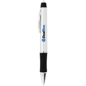 A plastic pen with a white barrel, black grip, and a logo. It features a silver clip and a ballpoint tip.