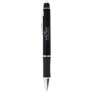 A black plastic pen with a silver tip and a textured grip. The pen features a logo on its body.