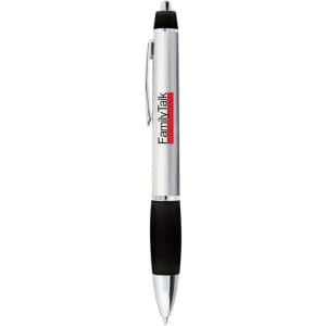 A metal pen with a silver body, black grip, and a logo.