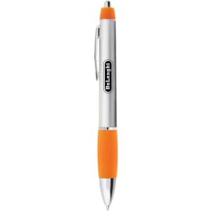 A silver and orange metal pen with a clip and branding on the barrel.