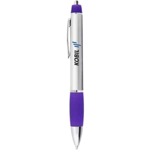 A metal pen with a silver body, purple grip, and a branding logo along the side.