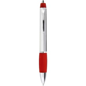 A metal pen with a chrome body and a red rubber grip, featuring a clip and a logo.