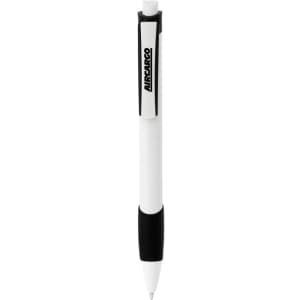 A plastic pen in white with a black grip and clip, featuring a logo on the barrel.