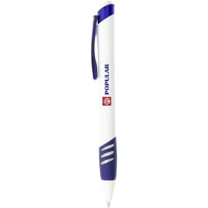 A white and blue pen with a logo on the side, featuring a sleek design typical of plastic pens.