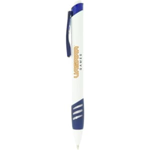 A plastic pen in white and blue with a logo, featuring a clip for attachment.