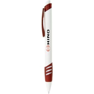 A white and burgundy plastic pen with a logo, featuring a click mechanism and grip detailing.