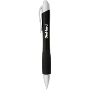 A black and silver metallic pen featuring a textured grip and a logo. Ideal for writing tasks.