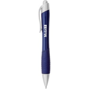 A metallic pen in blue and silver with a grip section and branding on the barrel.