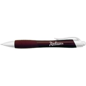 A metallic pen in dark maroon with silver accents and a logo on the barrel. Ideal for writing.