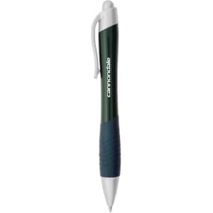 A metallic green pen with a silver clip and grip, featuring a logo on its side.