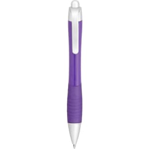 A purple and white metallic pen with a textured grip and a clip, featuring a logo.