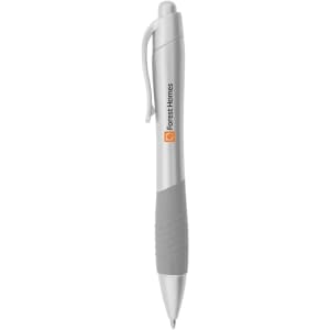 A metallic silver pen with a grey grip, featuring a logo on the side.