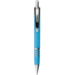 A blue metal pen with a shiny chrome clip and decorative bands. The pen features a sleek design.