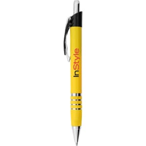 A yellow metal pen with silver accents and a clip, featuring a logo on the barrel.