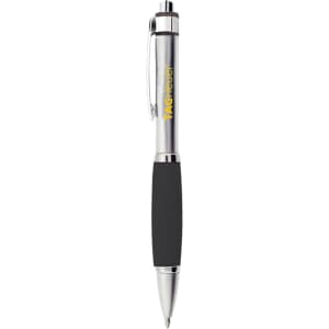 A metal pen featuring a silver barrel and black grips, with a logo on the side.