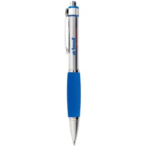 A metal pen featuring a chrome finish and a blue rubber grip, with branding visible on the barrel.
