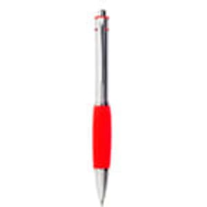 A metal pen with a shiny silver finish and a bright red rubber grip. Features a logo on the body.