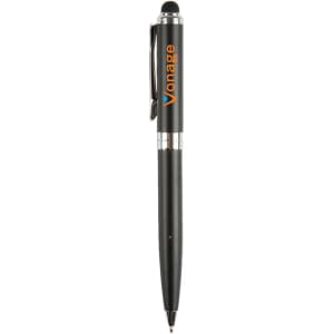 A black stylus pen with a shiny silver clip and branding on the barrel.