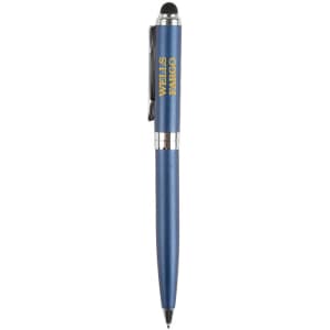 A blue stylus pen with a metallic finish and a clip, featuring a branding logo.