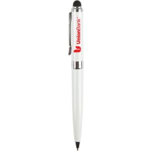 A stylus pen in white with a sleek design and a branding logo. It features a black rubber tip for touchscreen use.