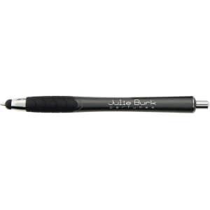 A stylus pen in black and silver, featuring a textured grip and a branding logo.