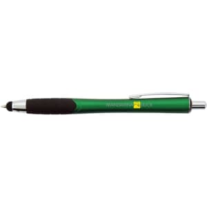 A green stylus pen with a black rubber grip and silver accents, featuring a logo.