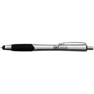 A silver stylus pen with a black grip and a logo on its body.