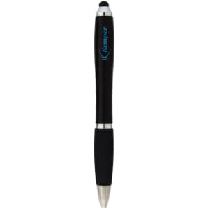 A black stylus pen with a silver tip and grip, featuring a logo along the barrel.