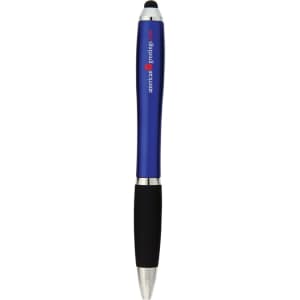 A blue stylus pen with a silver tip and a black grip, featuring a logo.