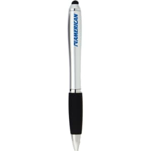 A silver stylus pen with a black grip and a brand logo on the side.