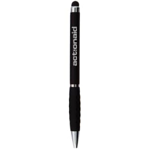 A black stylus pen with a textured grip and a round tip, featuring a logo.
