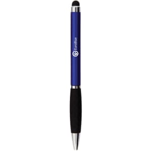 A blue stylus pen with a black rubber grip and a silver tip. It features a logo.