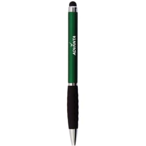 A green stylus pen with a silver tip and black grip, featuring a logo on its barrel.