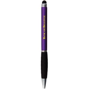A purple stylus pen with a rubber grip and silver accents. It features a branding logo.