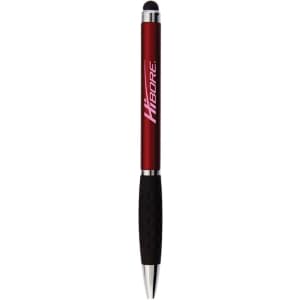A red stylus pen with a black rubber grip and a branding logo on the side.