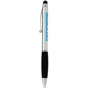 A silver and black stylus pen with a textured grip and a branding logo.