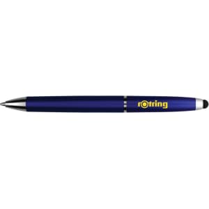 A blue stylus pen with a silver trim and branding.