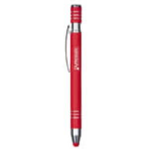 A red metal pen with a silver clip and accents, featuring a logo on the barrel.