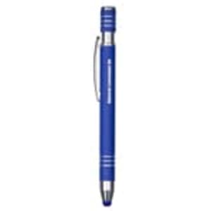 A blue metal pen featuring a silver clip and detailing, with a logo on the surface.