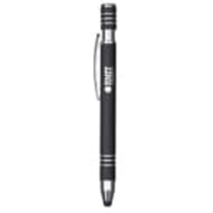 A black metal pen with silver accents and a clip, featuring a branded logo.