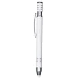 A metal pen in white with silver accents and a clip, featuring a clean and sleek design.